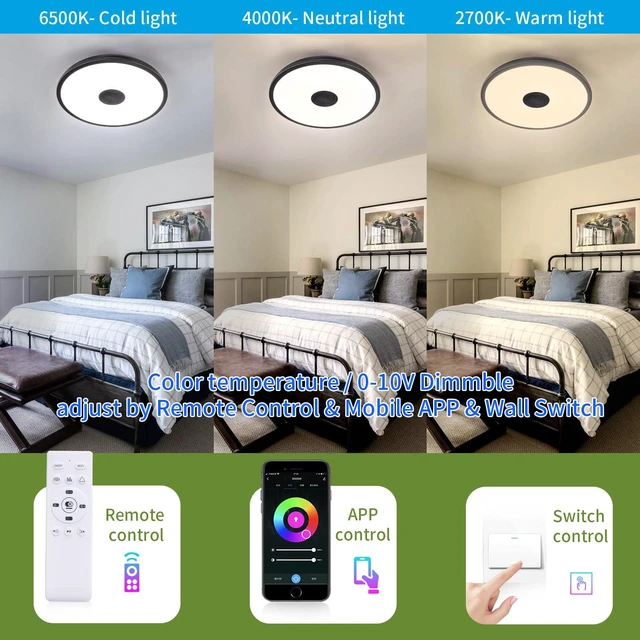 Alt view image 6 of 7 - Black Smart Waterproof LED Flush Mount Ceiling Light Fixture,18W,with Bluetooth Speaker,RGB Color Changing Function-Dimmable Lamp,Tuya Application Control-Compatible with Alexa Google Home