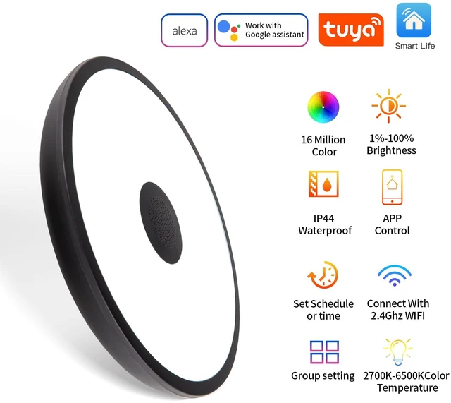 Alt view image 7 of 7 - Black Smart Waterproof LED Flush Mount Ceiling Light Fixture,18W,with Bluetooth Speaker,RGB Color Changing Function-Dimmable Lamp,Tuya Application Control-Compatible with Alexa Google Home