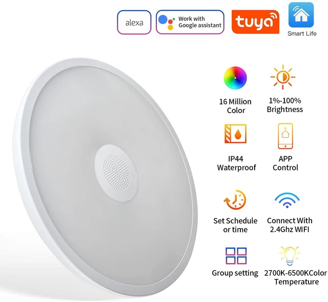 Alt view image 6 of 6 - Smart Waterproof LED Flush Mount Ceiling Light Fixture,11 inch 18W,with Bluetooth Speaker,RGB Color Changing Function- Dimmable Lamp,Tuya Application Control-Compatible with Alexa Google Home