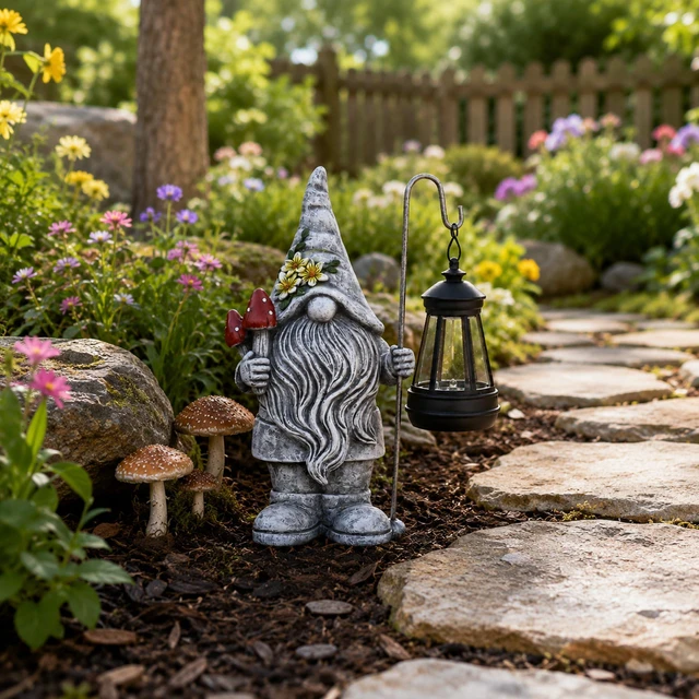 Alt view image 6 of 7 - Garden Gnome Statue with Lantern: Outdoor Waterproof Sculpture Home Yard Lawn Balcony Patio Porch Decorations, Birthday Gifts for Mom Women Grandma