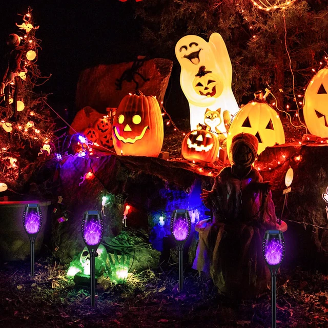 Alt view image 2 of 6 - 12Pack Purple Solar Halloween Lights for Halloween Decorations Outdoor Halloween Solar Lights Outdoor with Flickering Flame, Waterproof Torches for Outside, Scary Halloween Yard Pathway Decoration