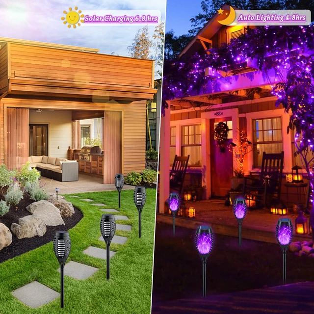 Alt view image 3 of 6 - 12Pack Purple Solar Halloween Lights for Halloween Decorations Outdoor Halloween Solar Lights Outdoor with Flickering Flame, Waterproof Torches for Outside, Scary Halloween Yard Pathway Decoration