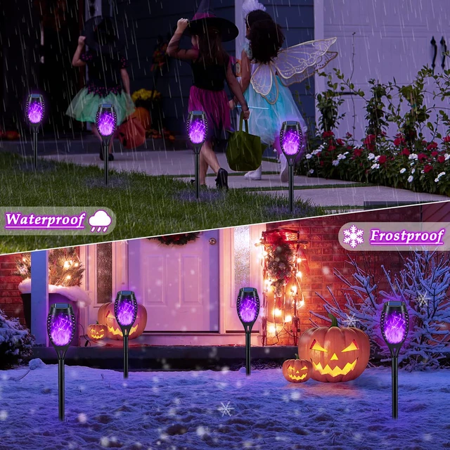 Alt view image 4 of 6 - 12Pack Purple Solar Halloween Lights for Halloween Decorations Outdoor Halloween Solar Lights Outdoor with Flickering Flame, Waterproof Torches for Outside, Scary Halloween Yard Pathway Decoration