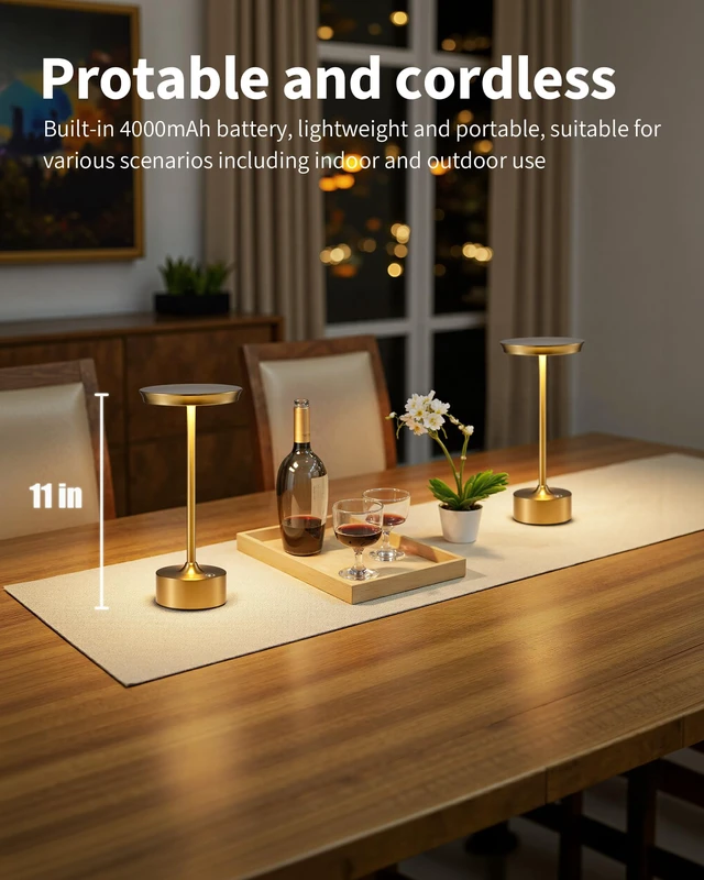 Alt view image 2 of 7 - Rechargeable Table Lamps Set of 2, Gold Cordless Portable Desk Lamp 4000mAh Battery, Stepless Dimming & 3 Color 2700K-6000K, LED Lamp for Bedroom, Living Room, Restaurant, Outdoor, Night Light
