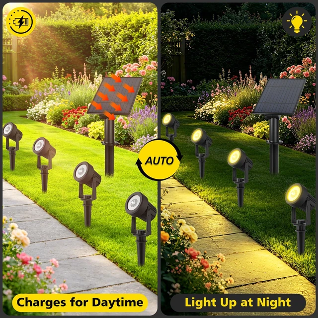 Alt view image 4 of 7 - 4-in-1 Solar Spotlights Outdoor Waterproof, Dusk to Dawn, Warm IP65 Waterproof, 2 Lighting Modes, Auto ON/OFF 5W Solar Lights with Separate Panel for Garden, Yard, Driveway, Pool Area