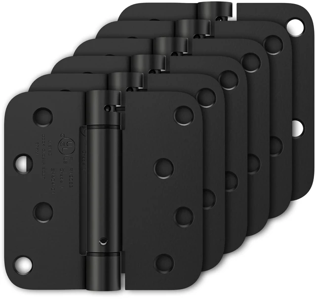 Main image of 6 Pack Self Closing Door Hinges 4 Inch, Matte Black Spring Loaded Hinges with 5/8'' Radius Corners, Adjustable Tension for Garage, Front Door, for Left and Right Hand Door, UL Listed