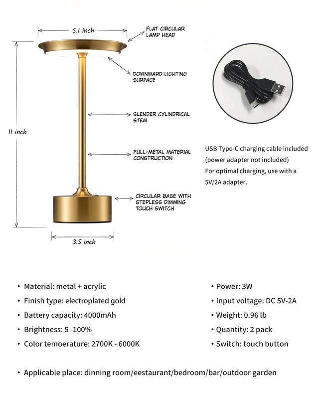 Alt view image 5 of 7 - Rechargeable Table Lamps Set of 2, Gold Cordless Portable Desk Lamp 4000mAh Battery, Stepless Dimming & 3 Color 2700K-6000K, LED Lamp for Bedroom, Living Room, Restaurant, Outdoor, Night Light