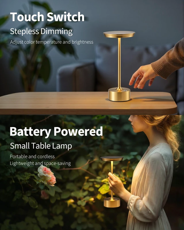 Alt view image 4 of 7 - Rechargeable Table Lamps Set of 2, Gold Cordless Portable Desk Lamp 4000mAh Battery, Stepless Dimming & 3 Color 2700K-6000K, LED Lamp for Bedroom, Living Room, Restaurant, Outdoor, Night Light