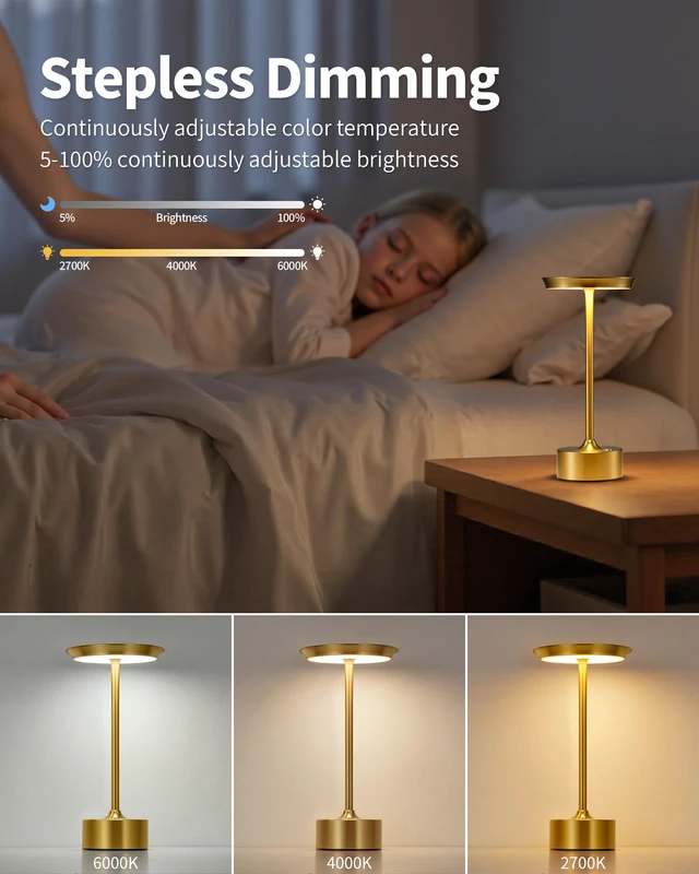 Alt view image 6 of 7 - Rechargeable Table Lamps Set of 2, Gold Cordless Portable Desk Lamp 4000mAh Battery, Stepless Dimming & 3 Color 2700K-6000K, LED Lamp for Bedroom, Living Room, Restaurant, Outdoor, Night Light