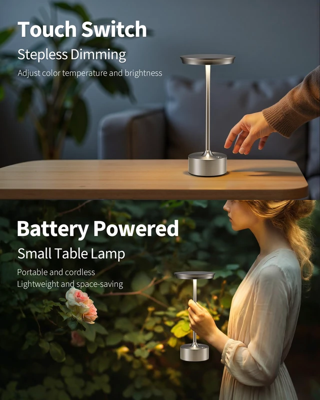 Alt view image 4 of 7 - Rechargeable Table Lamps Set of 2, Nickel Cordless Portable Desk Lamp 4000mAh Battery, Stepless Dimming & 3 Color 2700K-6000K, LED Lamp for Bedroom, Living Room, Restaurant, Outdoor, Night Light