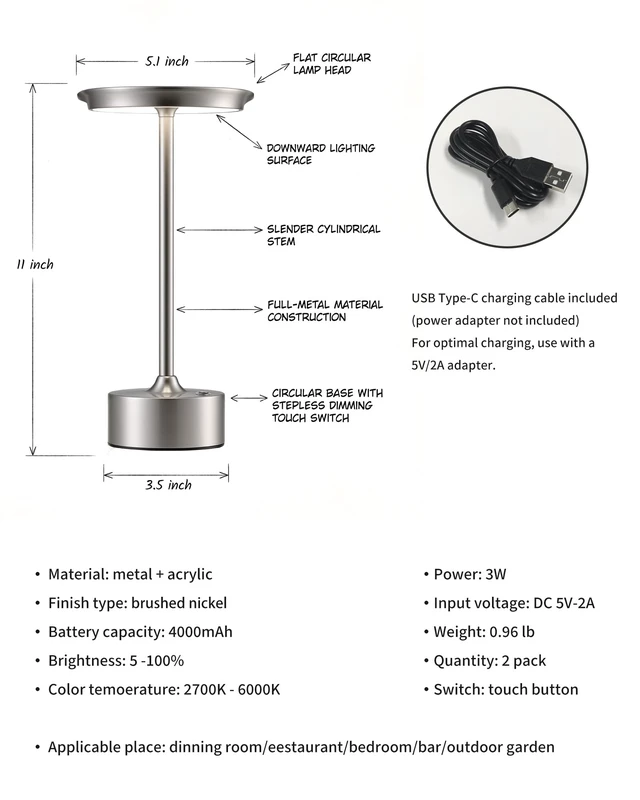 Alt view image 5 of 7 - Rechargeable Table Lamps Set of 2, Nickel Cordless Portable Desk Lamp 4000mAh Battery, Stepless Dimming & 3 Color 2700K-6000K, LED Lamp for Bedroom, Living Room, Restaurant, Outdoor, Night Light