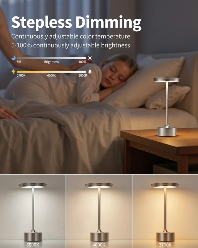 Alt view image 6 of 7 - Rechargeable Table Lamps Set of 2, Nickel Cordless Portable Desk Lamp 4000mAh Battery, Stepless Dimming & 3 Color 2700K-6000K, LED Lamp for Bedroom, Living Room, Restaurant, Outdoor, Night Light