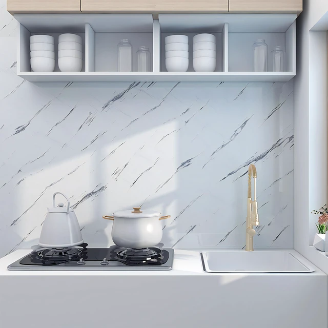 Alt view image 5 of 7 - Glossy Marble Contact Paper Peel and Stick Wallpaper 15.7x394 Self Adhesive Removable Wallpaper White Contact Paper for Countertops Waterproof for Kitchen Cabinet Decor Vinyl Roll
