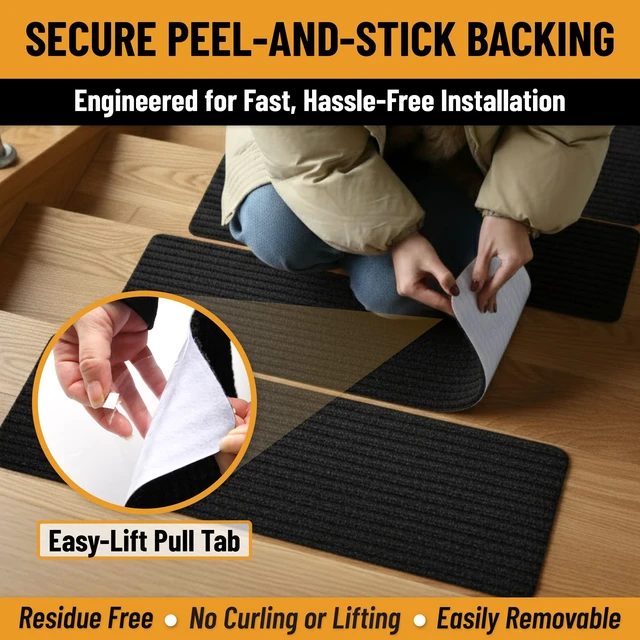 Alt view image 3 of 7 - Non Slip Stair Treads Indoor Peel and Stick Carpet Stair Treads for Wooden Stairs, Self Adhesive Anti Slip Stair Pads for Kids & Pets 7.9" x 29.9", 7 Pack Black
