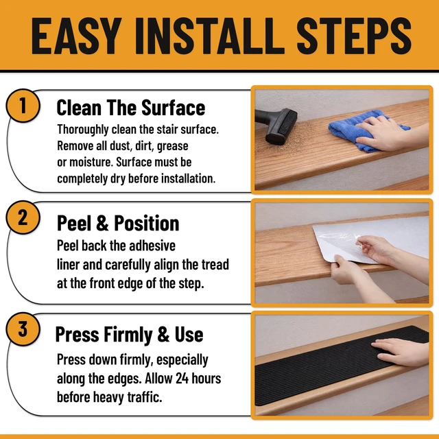 Alt view image 5 of 7 - Non Slip Stair Treads Indoor Peel and Stick Carpet Stair Treads for Wooden Stairs, Self Adhesive Anti Slip Stair Pads for Kids & Pets 7.9" x 29.9", 7 Pack Black