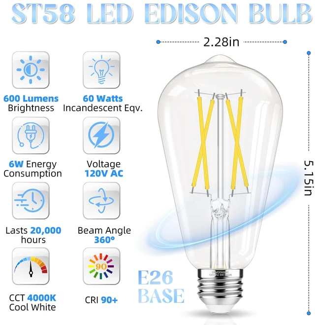 Alt view image 2 of 7 - Edison Bulbs, E26 LED Bulb 60 watt Equivalent, Cool White 4000K 12 Pack, Non-Dimmable Edison Light Bulbs, E26 Medium Base, 6W 600LM, E26 Bulb, 90+ CRI, ST58 Vintage Light Bulb, Clear Glass