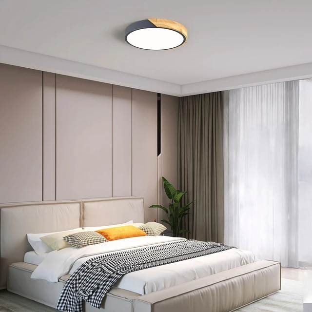 Alt view image 4 of 7 - Modern LED Ceiling Light, Minimalist Wood Flush Mount Ceiling Light Fixture, 4000K Not Dimmable, Circle Lighting Lamp with Acrylic Lampshade for Bedroom Dining Room Laundry (Grey, 11.8'')