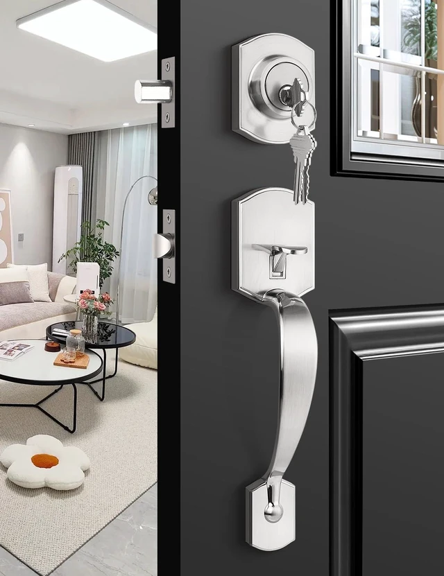 Main image of Front Door Handle and Deadbolt Set, Zinc Alloy Front Door Lock Set Brushed Nickel Finish, 250,000 Cycles Durability, Adjustable Latch, No Extra Drilling, for Front & Back Door