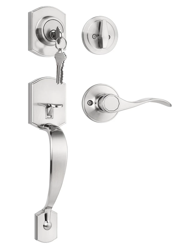 Alt view image 2 of 7 - Front Door Handle and Deadbolt Set, Zinc Alloy Front Door Lock Set Brushed Nickel Finish, 250,000 Cycles Durability, Adjustable Latch, No Extra Drilling, for Front & Back Door