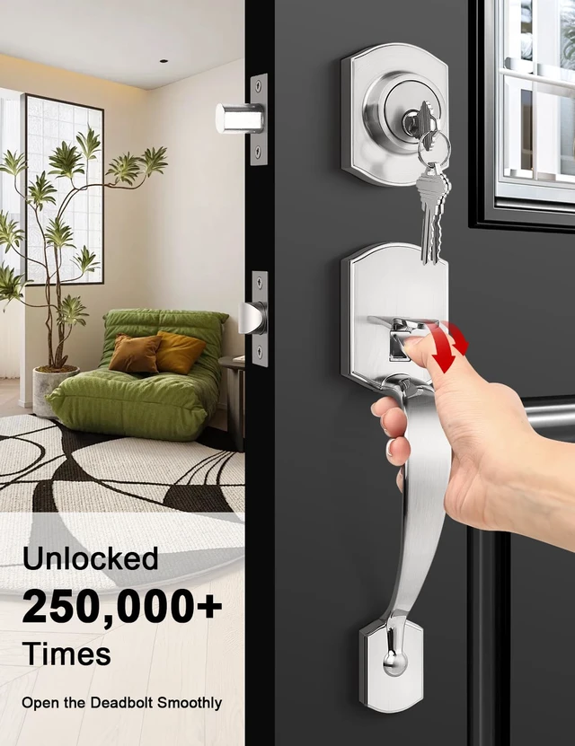 Alt view image 4 of 7 - Front Door Handle and Deadbolt Set, Zinc Alloy Front Door Lock Set Brushed Nickel Finish, 250,000 Cycles Durability, Adjustable Latch, No Extra Drilling, for Front & Back Door