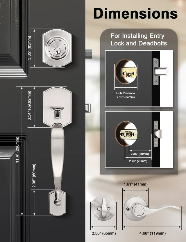 Alt view image 7 of 7 - Front Door Handle and Deadbolt Set, Zinc Alloy Front Door Lock Set Brushed Nickel Finish, 250,000 Cycles Durability, Adjustable Latch, No Extra Drilling, for Front & Back Door
