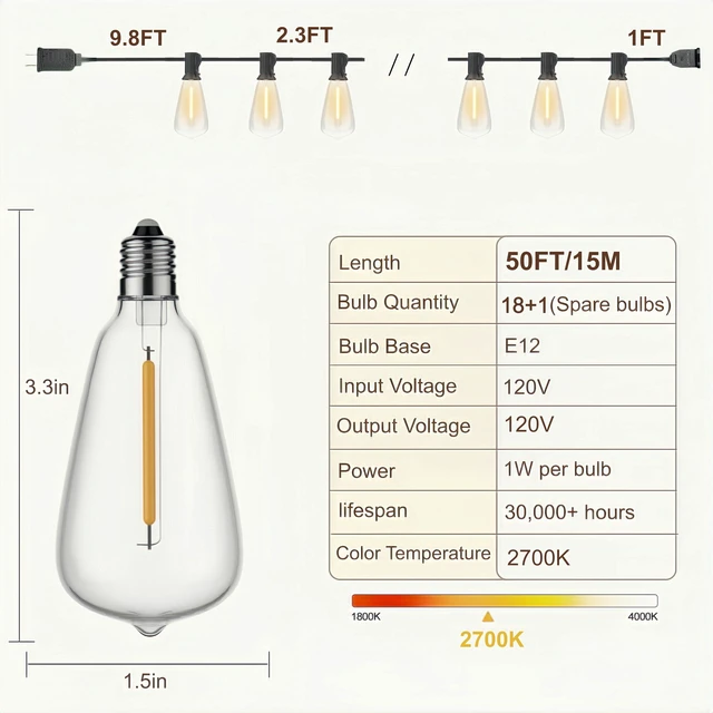 Alt view image 6 of 7 - Outdoor String Lights, Waterproof Shatterproof ST38 Vintage Bulbs 50FT Length, Dimmable & Connectable, 2700K Warm White, ideal for Balcony, Porch, Party, Patio & Indoor Decoration