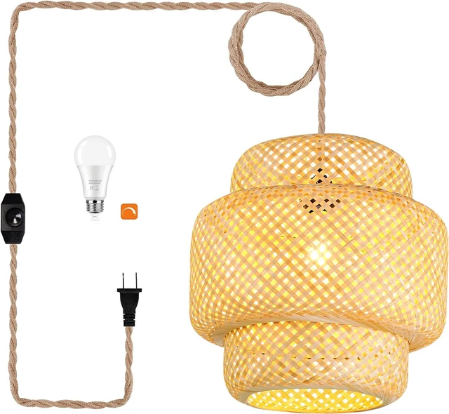 Main image of Plug in Pendant Light Rattan Hanging Lights with Plug in Cord Bamboo Hanging Lamp Dimmable,Handmade Woven Boho Wicker Basket Lamp Shade,Plug in Ceiling Light Fixture for Living Room Bedroom Kitchen