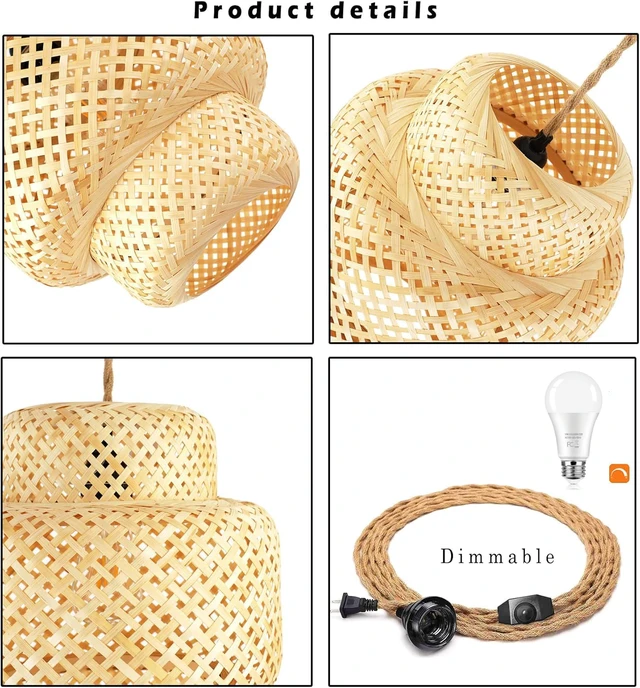 Alt view image 4 of 7 - Plug in Pendant Light Rattan Hanging Lights with Plug in Cord Bamboo Hanging Lamp Dimmable,Handmade Woven Boho Wicker Basket Lamp Shade,Plug in Ceiling Light Fixture for Living Room Bedroom Kitchen