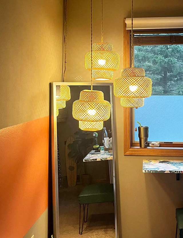Alt view image 3 of 7 - Plug in Pendant Light Rattan Hanging Lights with Plug in Cord Bamboo Hanging Lamp Dimmable,Handmade Woven Boho Wicker Basket Lamp Shade,Plug in Ceiling Light Fixture for Living Room Bedroom Kitchen