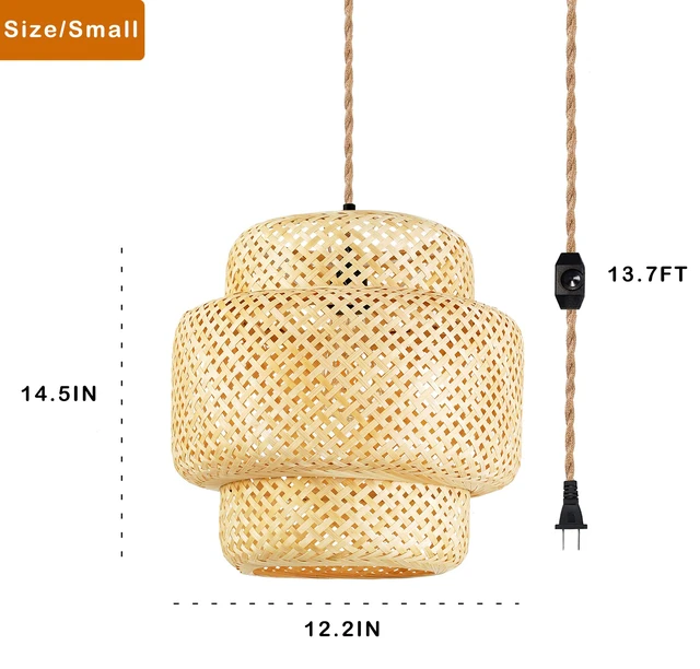 Alt view image 5 of 7 - Plug in Pendant Light Rattan Hanging Lights with Plug in Cord Bamboo Hanging Lamp Dimmable,Handmade Woven Boho Wicker Basket Lamp Shade,Plug in Ceiling Light Fixture for Living Room Bedroom Kitchen