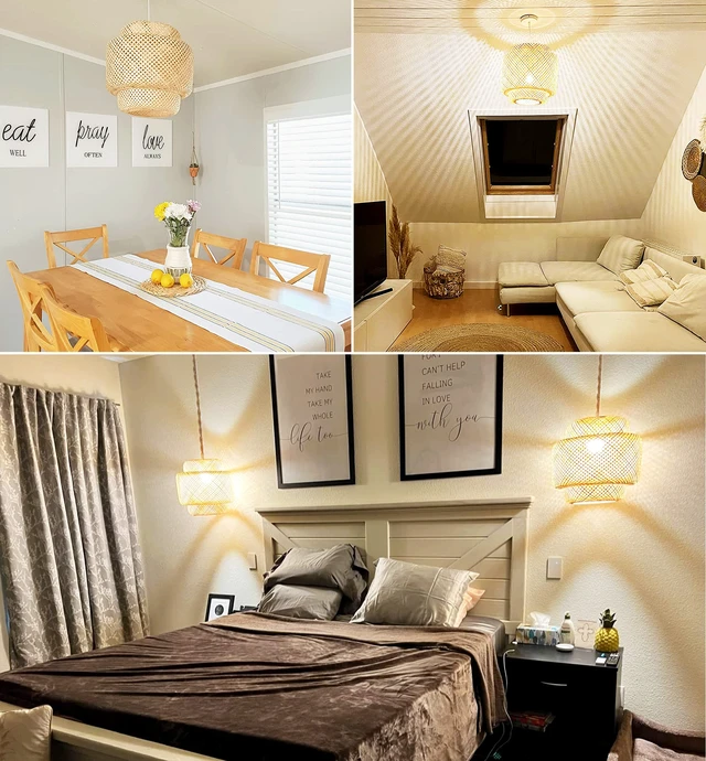 Alt view image 6 of 7 - Plug in Pendant Light Rattan Hanging Lights with Plug in Cord Bamboo Hanging Lamp Dimmable,Handmade Woven Boho Wicker Basket Lamp Shade,Plug in Ceiling Light Fixture for Living Room Bedroom Kitchen