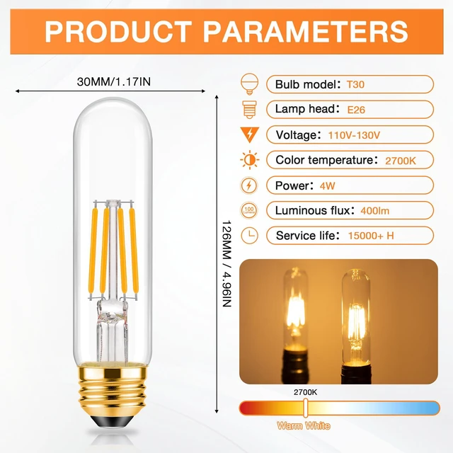 Alt view image 2 of 6 - E26 T10 LED Bulb 4 Watt Equivalent 40W Warm White 2700K Tubular Bulbs for Desk Lamp,Bedbroom Bathroom, 6 Pack