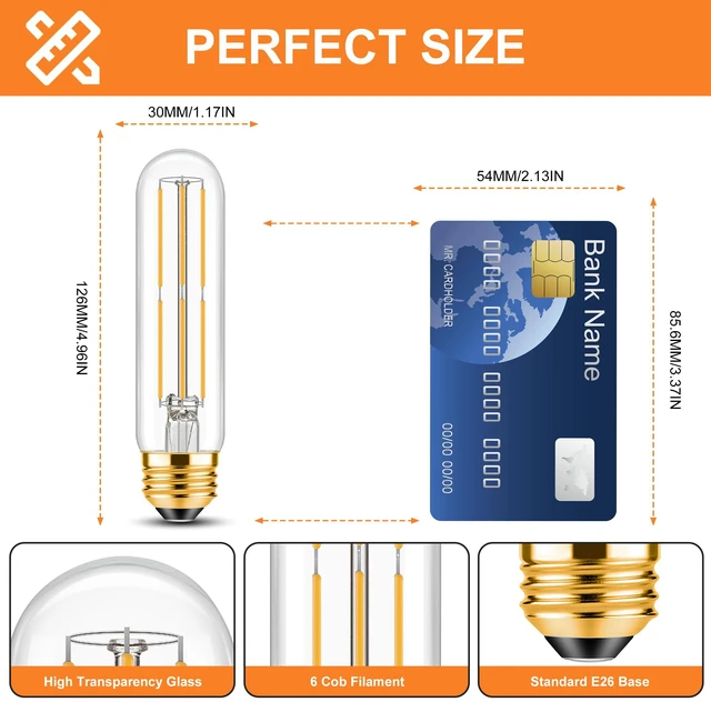 Alt view image 3 of 7 - E26 T10 LED Bulb 6 Watt Equivalent 60W Warm White 2700K Dimmable long light Bulb Tubular Bulbs Edison LED Filament Bulb,Desk Lamp,Bedbroom Cafe Restaurant Party, (5 in (6pack))