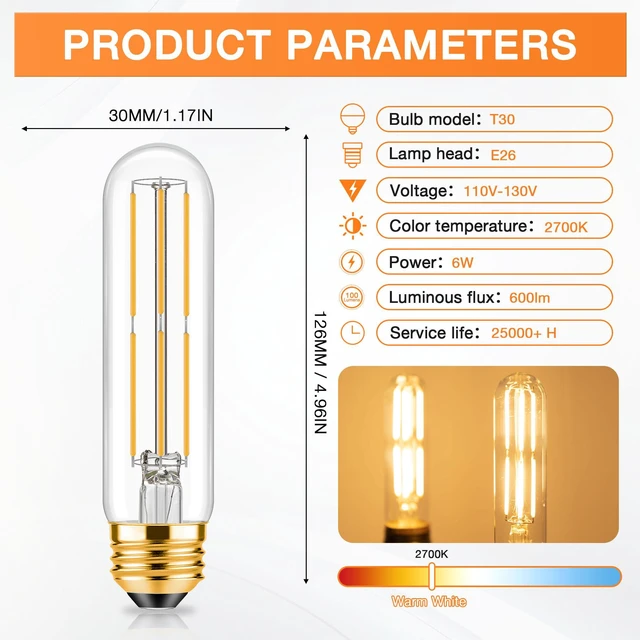 Alt view image 2 of 7 - E26 T10 LED Bulb 6 Watt Equivalent 60W Warm White 2700K Dimmable long light Bulb Tubular Bulbs Edison LED Filament Bulb,Desk Lamp,Bedbroom Cafe Restaurant Party, (5 in (6pack))