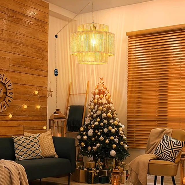 Alt view image 6 of 7 - Plug in Pendant Light Hanging Lights with Plug in Cord Boho Hanging Lamp Dimmable,Rattan Wicker Woven Bamboo Lamp Shade, Plug in Ceiling Light Fixture for Living Room Bedroom Kitchen