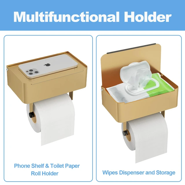 Alt view image 3 of 7 - Toilet Paper Holder, Toilet Paper Holder with Shelf, Color Gold Wall Mount, SUS304 Stainless Steel, Flushable Wipes Dispenser, Easy Installation, for Bathroom Wipe Storage
