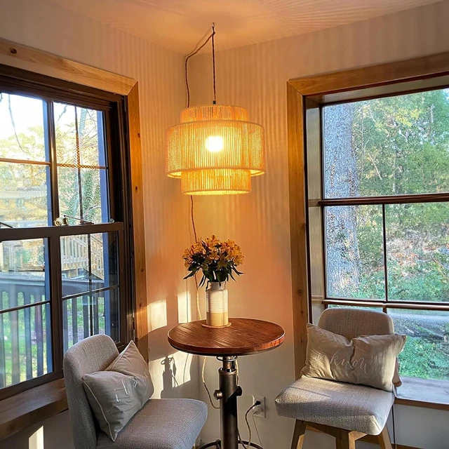 Alt view image 7 of 7 - Plug in Pendant Light Hanging Lights with Plug in Cord Boho Hanging Lamp Dimmable,Rattan Wicker Woven Bamboo Lamp Shade, Plug in Ceiling Light Fixture for Living Room Bedroom Kitchen