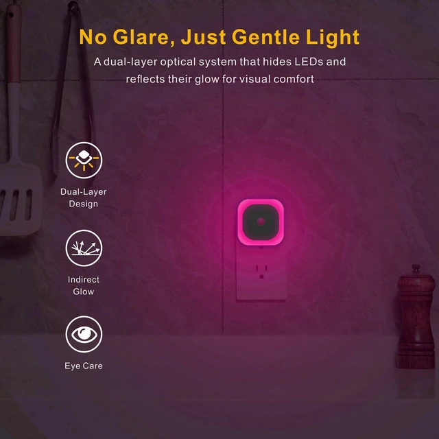 Alt view image 2 of 7 - Pink Night Light Motion Sensor, Dimmable Plug in Nightlight, 2 Pack 3 Modes, Auto Dusk to Dawn, Eye-Care Reflected Glow, Square Nightlight Plug into Wall, Pink Lamp for Bedroom, Girls, Bathroom
