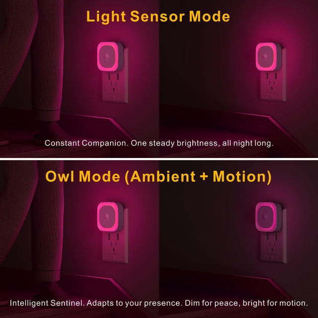 Alt view image 3 of 7 - Pink Night Light Motion Sensor, Dimmable Plug in Nightlight, 2 Pack 3 Modes, Auto Dusk to Dawn, Eye-Care Reflected Glow, Square Nightlight Plug into Wall, Pink Lamp for Bedroom, Girls, Bathroom