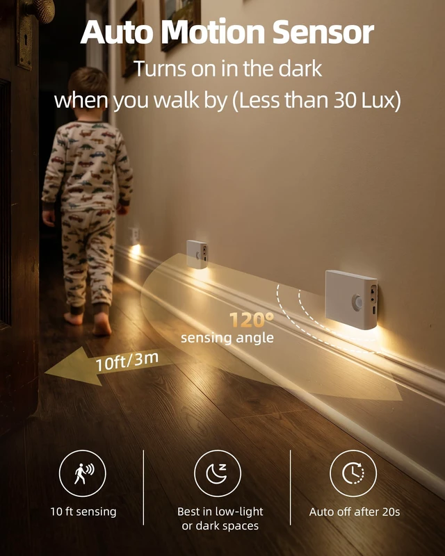 Alt view image 5 of 7 - 8 Pack Motion Sensor Night Lights Indoor, Rechargeable 1500mAh LED Stair Lights with Magnetic & Dimmable, Auto On/Off 3000K Soft White, Adhesive No Drill for Stairs, Hallway, Bathroom, Closet