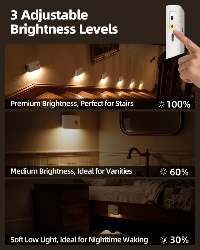 Alt view image 6 of 7 - 8 Pack Motion Sensor Night Lights Indoor, Rechargeable 1500mAh LED Stair Lights with Magnetic & Dimmable, Auto On/Off 3000K Soft White, Adhesive No Drill for Stairs, Hallway, Bathroom, Closet