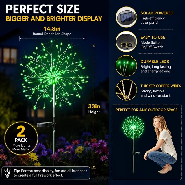 Alt view image 5 of 7 - Solar Garden Lights Outdoor - 150 LED Green Firework Lights Waterproof with 8 Modes, Solar Stake Lights Decorations for Outside Yard Pathway Flower Bed Halloween Decor (2 Pack)