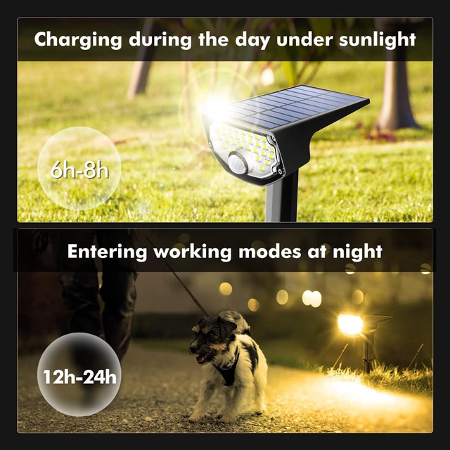 Alt view image 5 of 7 - Solar Motion Sensor Outdoor Lights,Solar Lights Outdoor Waterproof IP68/30 LED/3 Modes,Solar Powered Spotlights,Landscape Lighting for Yard and Garden, Warm White,6 Pack