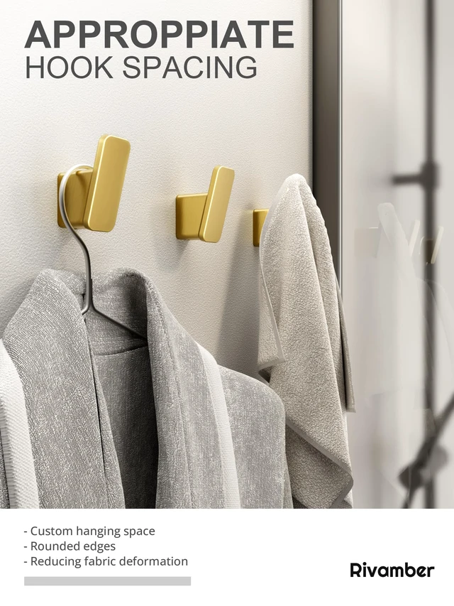 Alt view image 3 of 6 - 4-Pack Brushed Gold Towel Hook for Bathroom, Robe Coat Hook, Heavy Duty Wall Hooks for Hanging Bag Hat Mudroom Bedroom Shower Closet, Drill in Hanger Mount with Screw, Holder Back of Door Outdoor