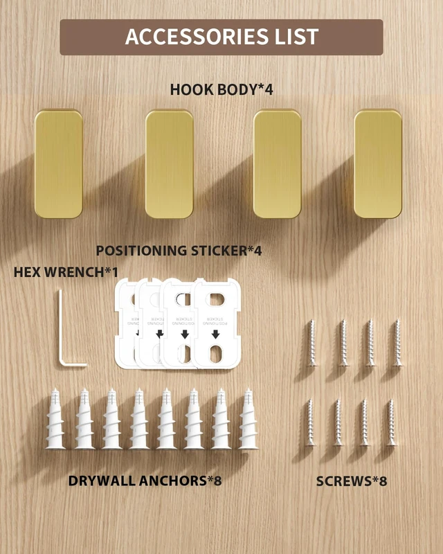 Alt view image 4 of 6 - 4-Pack Brushed Gold Towel Hook for Bathroom, Robe Coat Hook, Heavy Duty Wall Hooks for Hanging Bag Hat Mudroom Bedroom Shower Closet, Drill in Hanger Mount with Screw, Holder Back of Door Outdoor