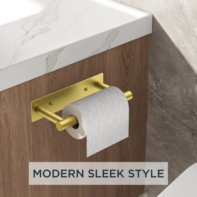 Alt view image 2 of 7 - Commercial Toilet Paper Holder Wall Mount Bathroom Tissue Holder Brushed Gold | Adhesive or Screw | SUS304 Stainless Steel Rustproof | Pivoting Tissue Roll Holder | Square Base