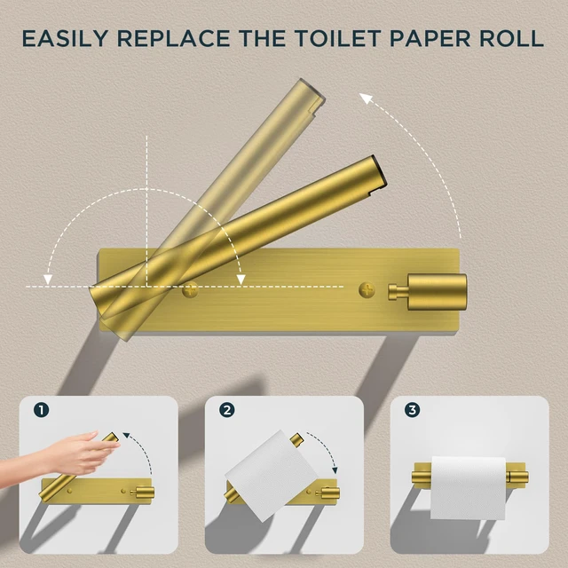 Alt view image 3 of 7 - Commercial Toilet Paper Holder Wall Mount Bathroom Tissue Holder Brushed Gold | Adhesive or Screw | SUS304 Stainless Steel Rustproof | Pivoting Tissue Roll Holder | Square Base