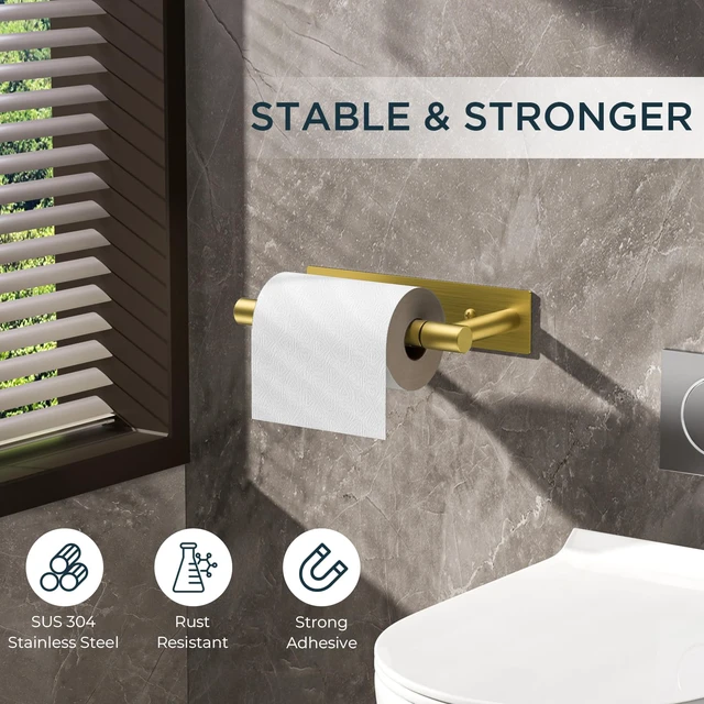 Alt view image 5 of 7 - Commercial Toilet Paper Holder Wall Mount Bathroom Tissue Holder Brushed Gold | Adhesive or Screw | SUS304 Stainless Steel Rustproof | Pivoting Tissue Roll Holder | Square Base