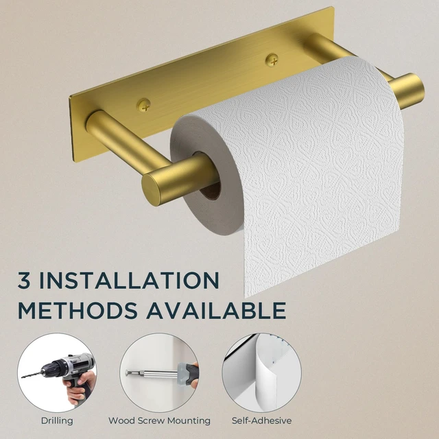 Alt view image 6 of 7 - Commercial Toilet Paper Holder Wall Mount Bathroom Tissue Holder Brushed Gold | Adhesive or Screw | SUS304 Stainless Steel Rustproof | Pivoting Tissue Roll Holder | Square Base