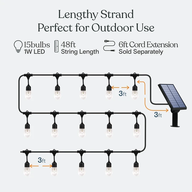Alt view image 3 of 7 - Ambience Pro - 48 Ft Waterproof, Solar Power Outdoor String Lights - 1W LED Hanging Edison Bulbs Create Bistro Ambience in Your Yard - Commercial Grade, Shatterproof - 15 Lights, Soft White